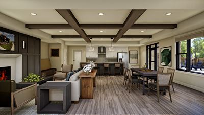 clubroom with kitchen, seating, entertaining areas and shuffleboard table